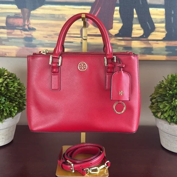 TORY BURCH "ROBINSON" MINI❤️KIR ROYALE❤️SAFFIANO LEATHER DOUBLE ZIP TOTE 🌟EUC🌟 - Picture 6 of 17